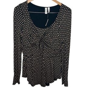 New Anthro Meadow Rue Josalyn Brown Black Tie Front Long Sleeve Top Women Size M